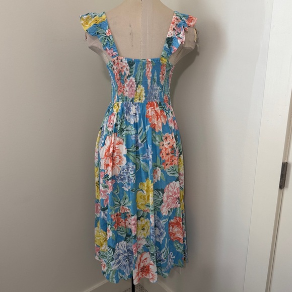 Loft Small Blue Floral Garden Smocked Ruffle Midi DRESS Smocked Tropical Spring - Picture 4 of 8
